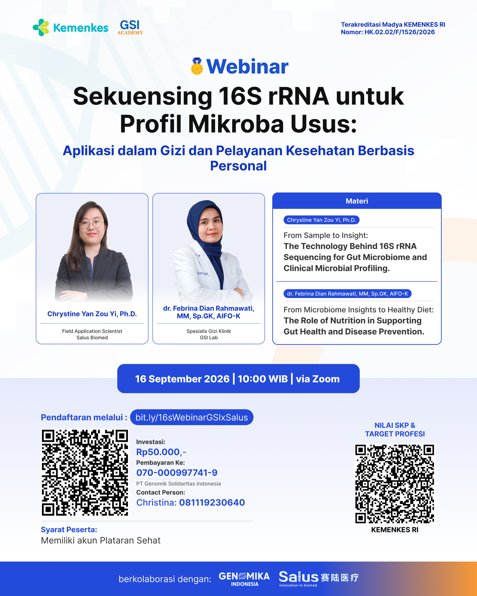 Webinar Sekuensing 16S rRNA untuk Profil Mikroba Usus: Aplikasi dalam Gizi dan Pelayanan Kesehatan Berbasis Personal